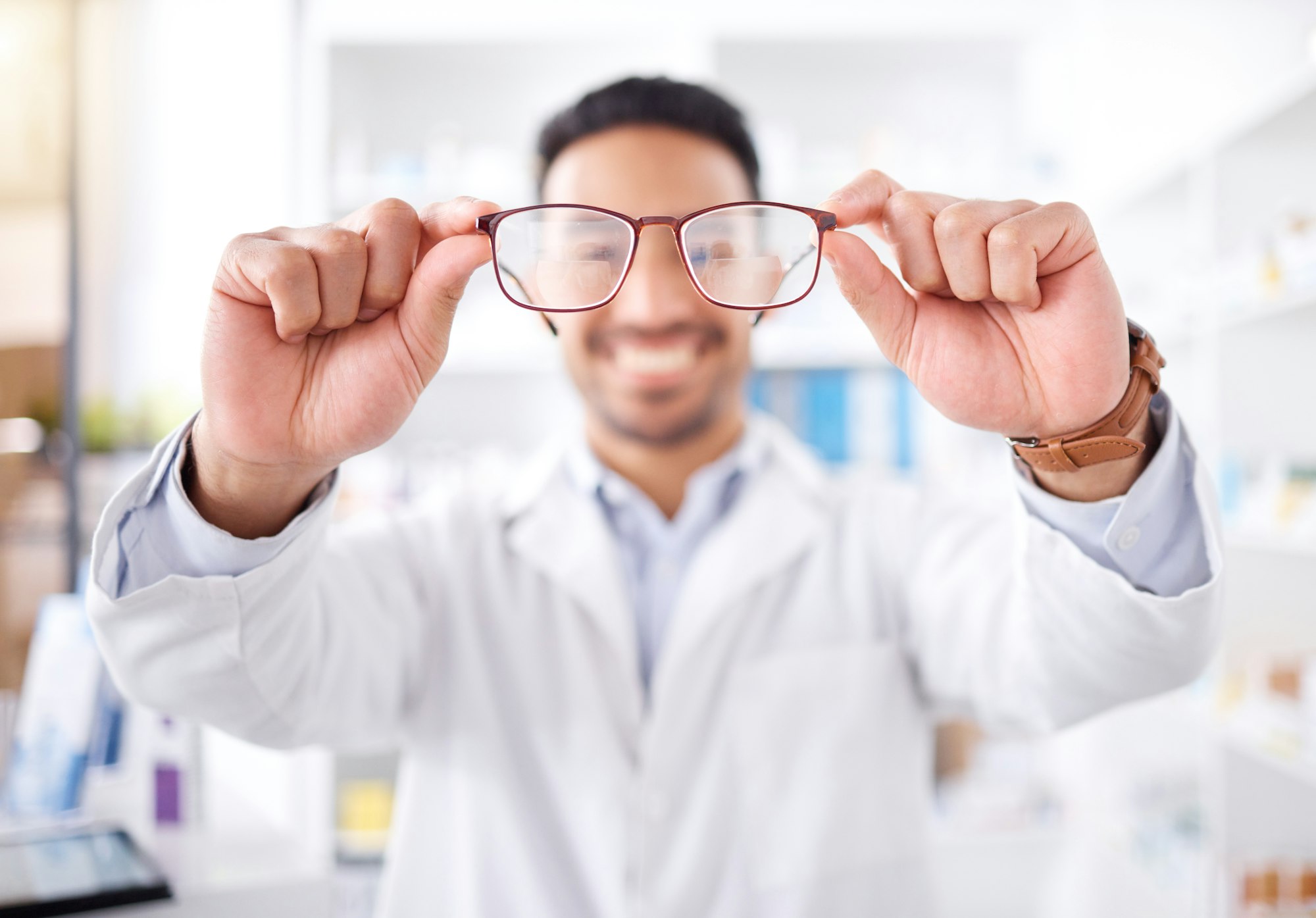 Hands, man and optometrist with glasses for vision, eyesight and prescription lens. Frame, ophthalm